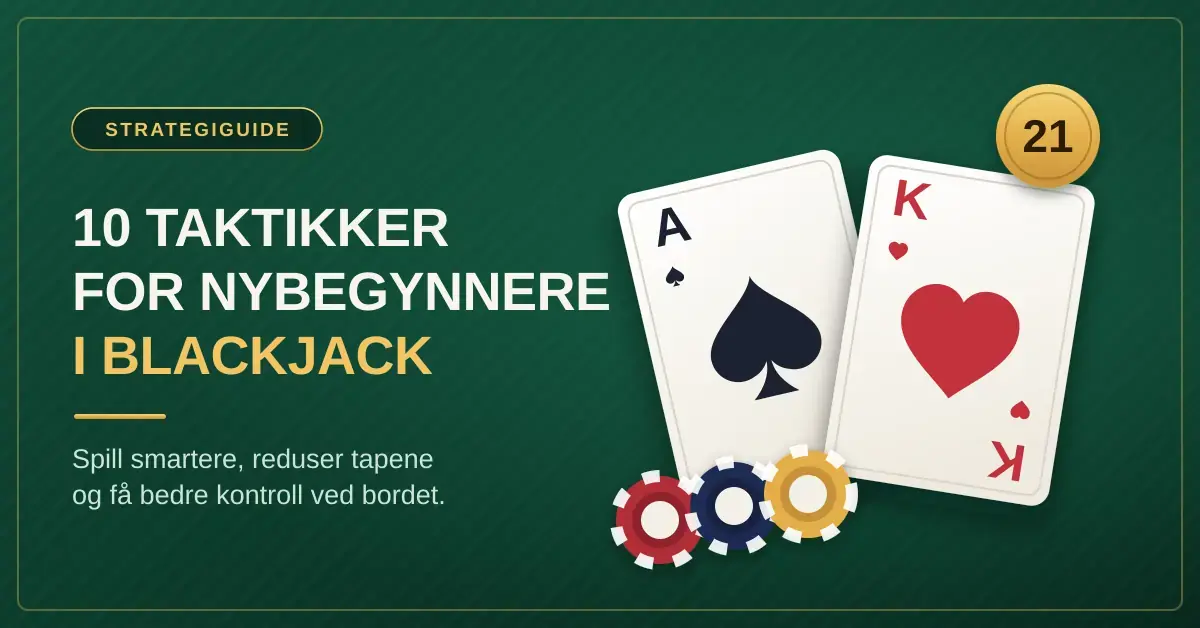 Grafikk med teksten «10 taktikker for nybegynnere i blackjack» ved siden av et ess i spar og en hjerterkonge på grønt kasinobord, med spillesjetonger og et gullmerke med tallet 21.