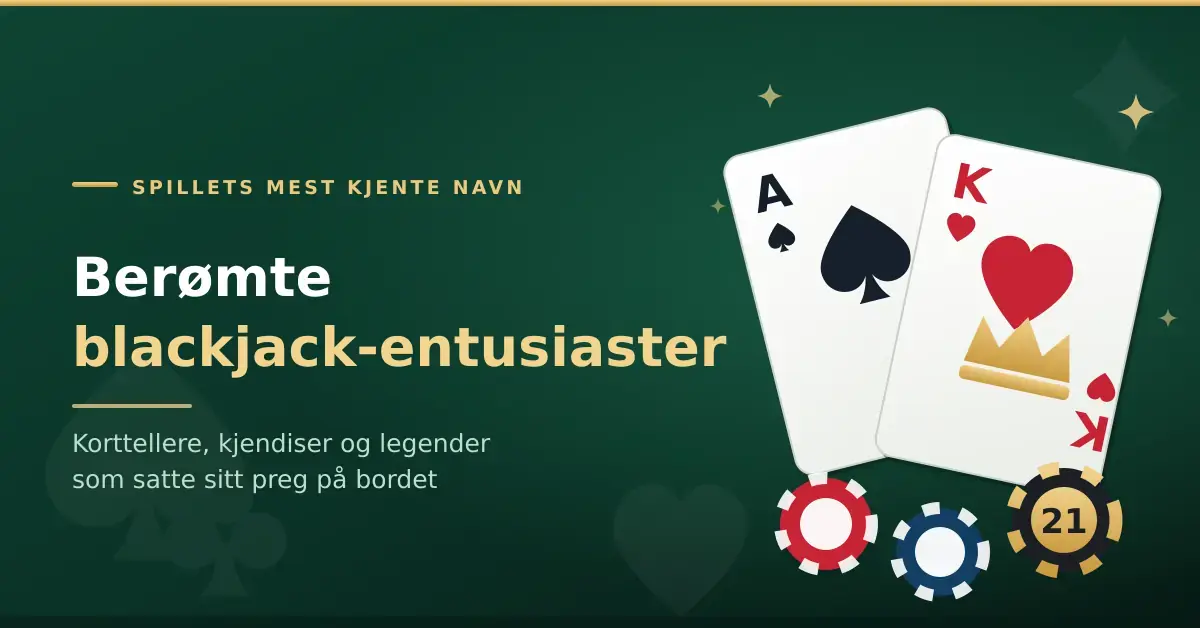 Grafikk med mørkegrønn casinofilt, et spillkort-ess i spar og en hjerterkonge samt pokersjetonger merket 21, med teksten «Berømte blackjack-entusiaster».