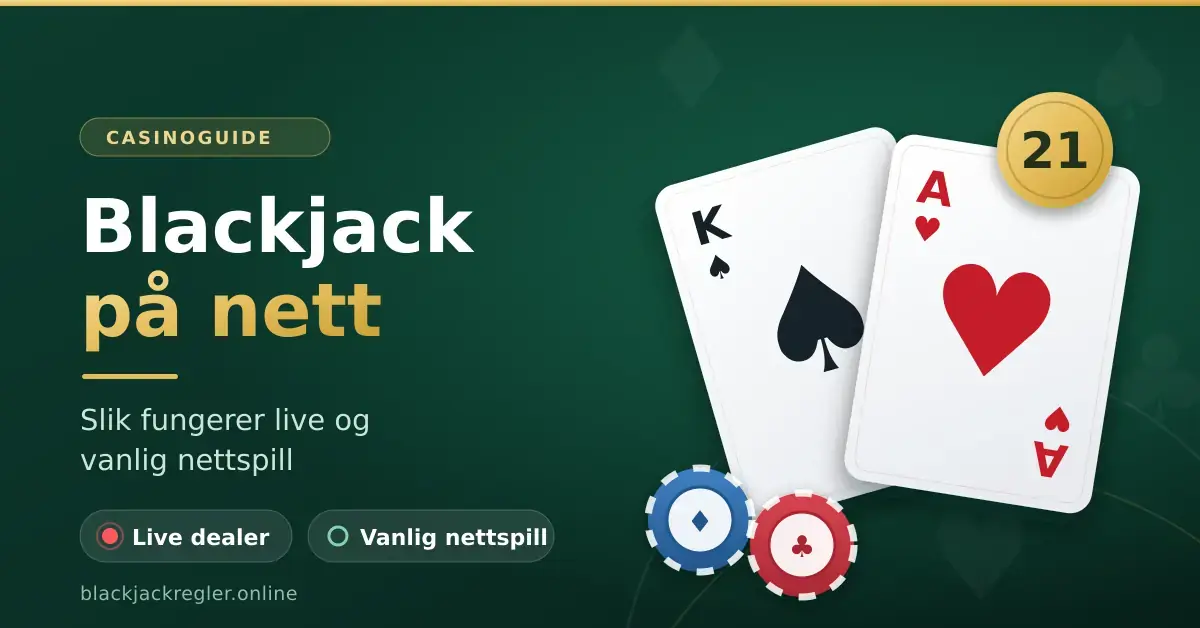 Grafikk med to spillekort, ett spar konge og ett hjerter ess, sammen med casinosjetonger og teksten «Blackjack på nett – slik fungerer live og vanlig nettspill».