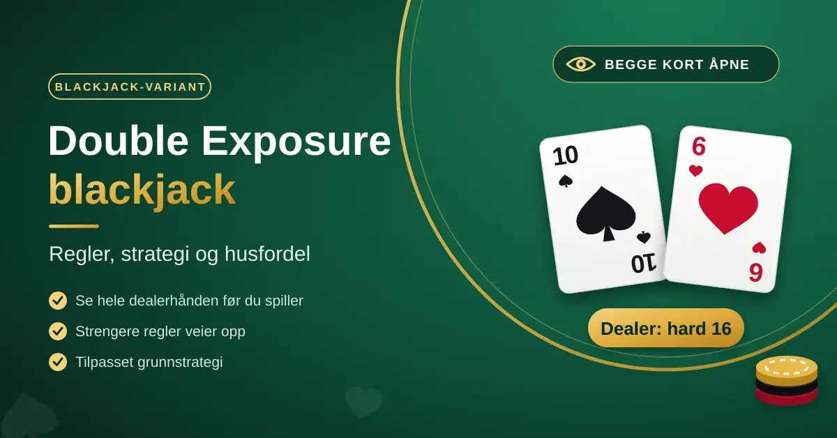 Illustrasjon av Double Exposure blackjack der dealerens to kort, spar ti og hjerter seks, ligger åpent på et grønt spillebord med teksten «Dealer: hard 16».