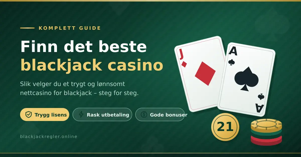 Grafikk med teksten «Finn det beste blackjack casino» ved siden av et spillkort-par med knekt og ess, en «21»-brikke og en stabel med casinosjetonger på grønn filtbakgrunn.