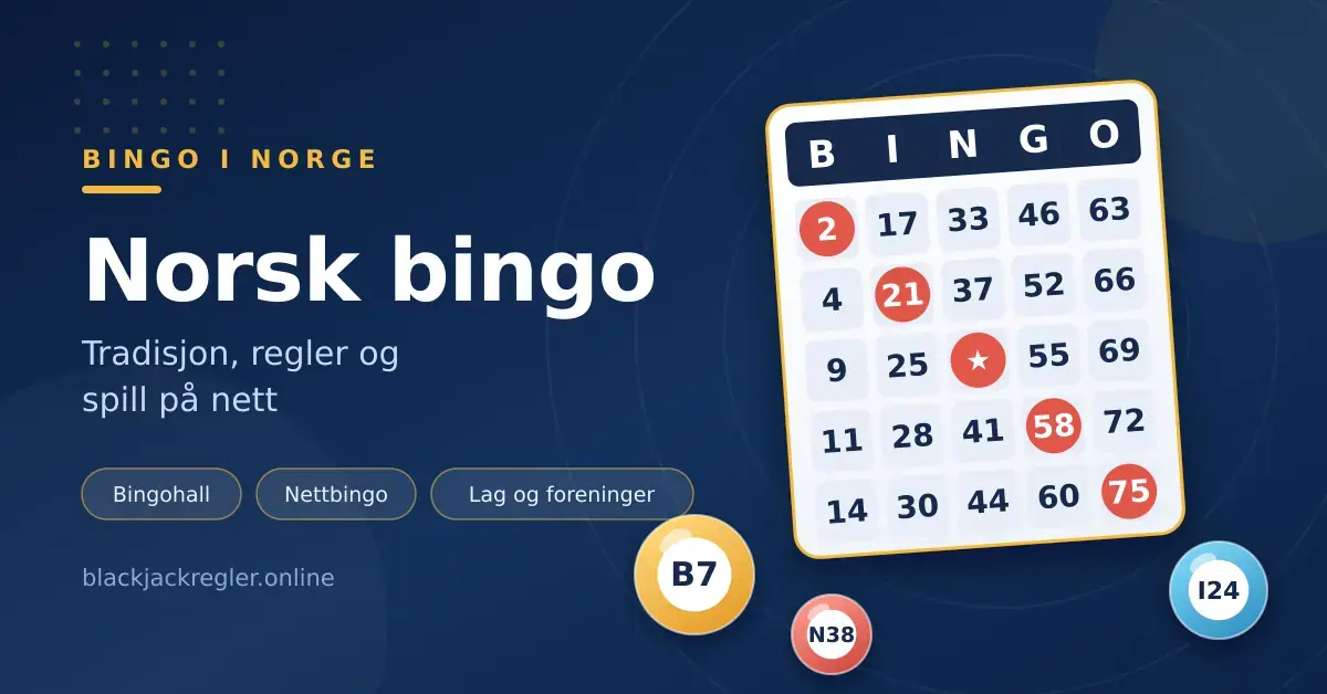 Illustrasjon av et bingobrett med tallrekker og trukne bingokuler, med teksten «Norsk bingo».