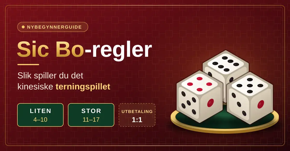 Illustrasjon av tre terninger på et gullfat mot rød bakgrunn, ved siden av teksten «Sic Bo-regler – slik spiller du det kinesiske terningspillet» og innsatsfeltene Liten 4–10 og Stor 11–17.