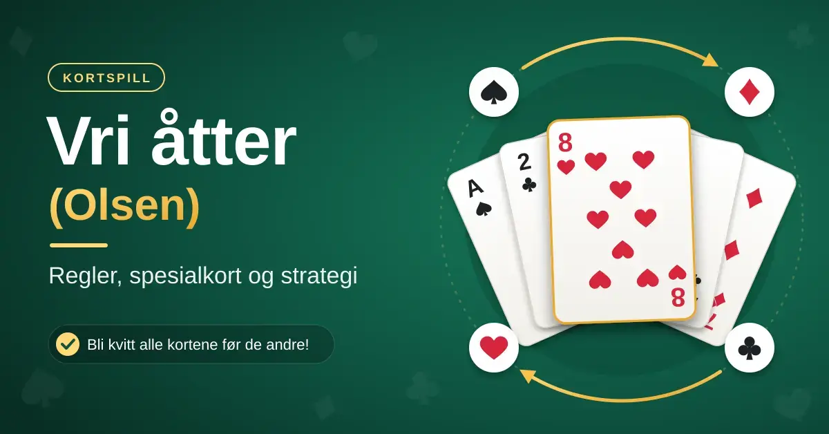 Grønn spillbordgrafikk med tittelen «Vri åtter (Olsen)» og en vifte av spillkort der hjerter åtter ligger fremst, omgitt av piler og de fire kortfargene som viser at åtteren lar deg bytte farge.